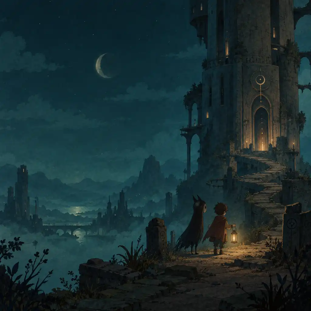 A LUNA The Shadow Dust fiú főszereplője és társa egy ősi torony közelében, éjszakai környezetben.