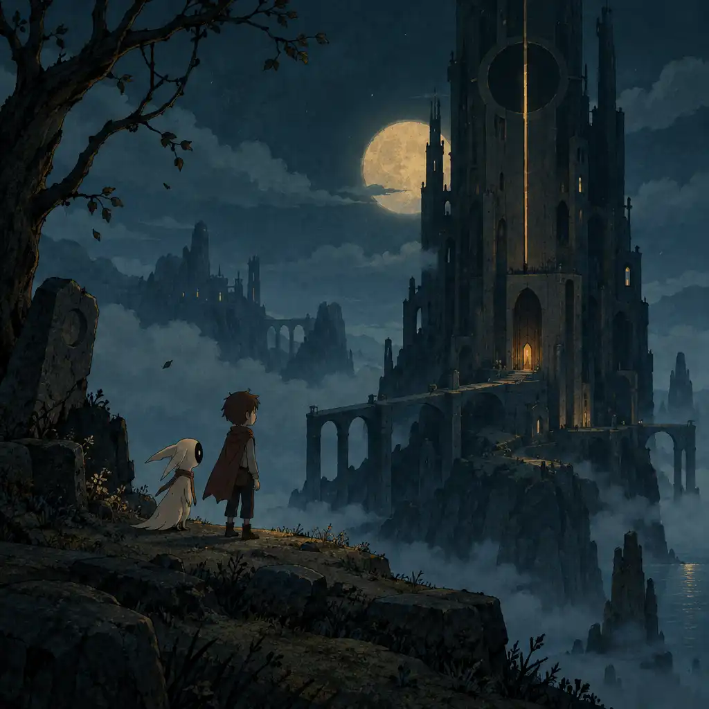 A LUNA The Shadow Dust kézzel animált, sötét toronyvilágának jelenete a fiúval és társával.
