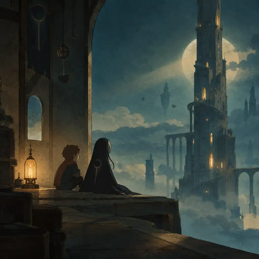 Csendes, kézzel animált történetmesélő pillanat a LUNA The Shadow Dust toronyvilágában.