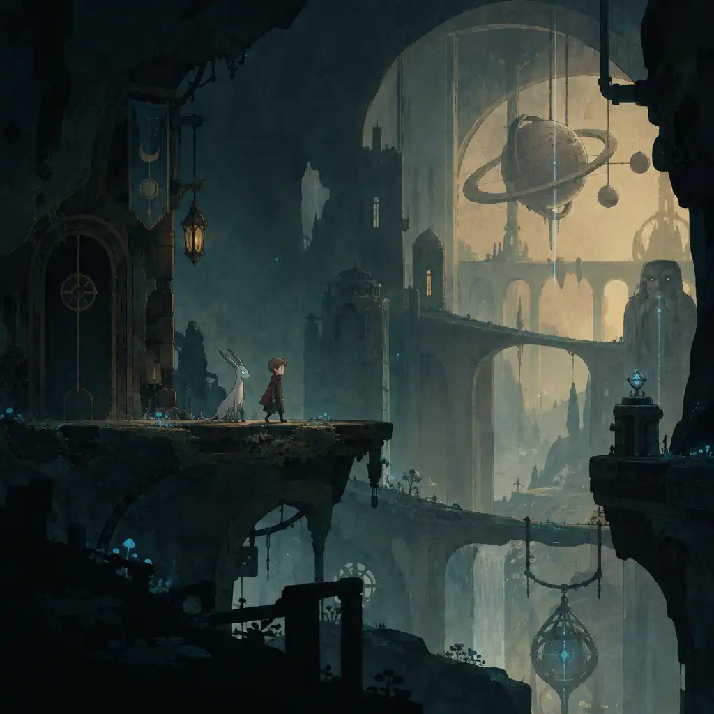 A fiú és társa egy részletgazdag, kézzel animált LUNA The Shadow Dust környezetben.
