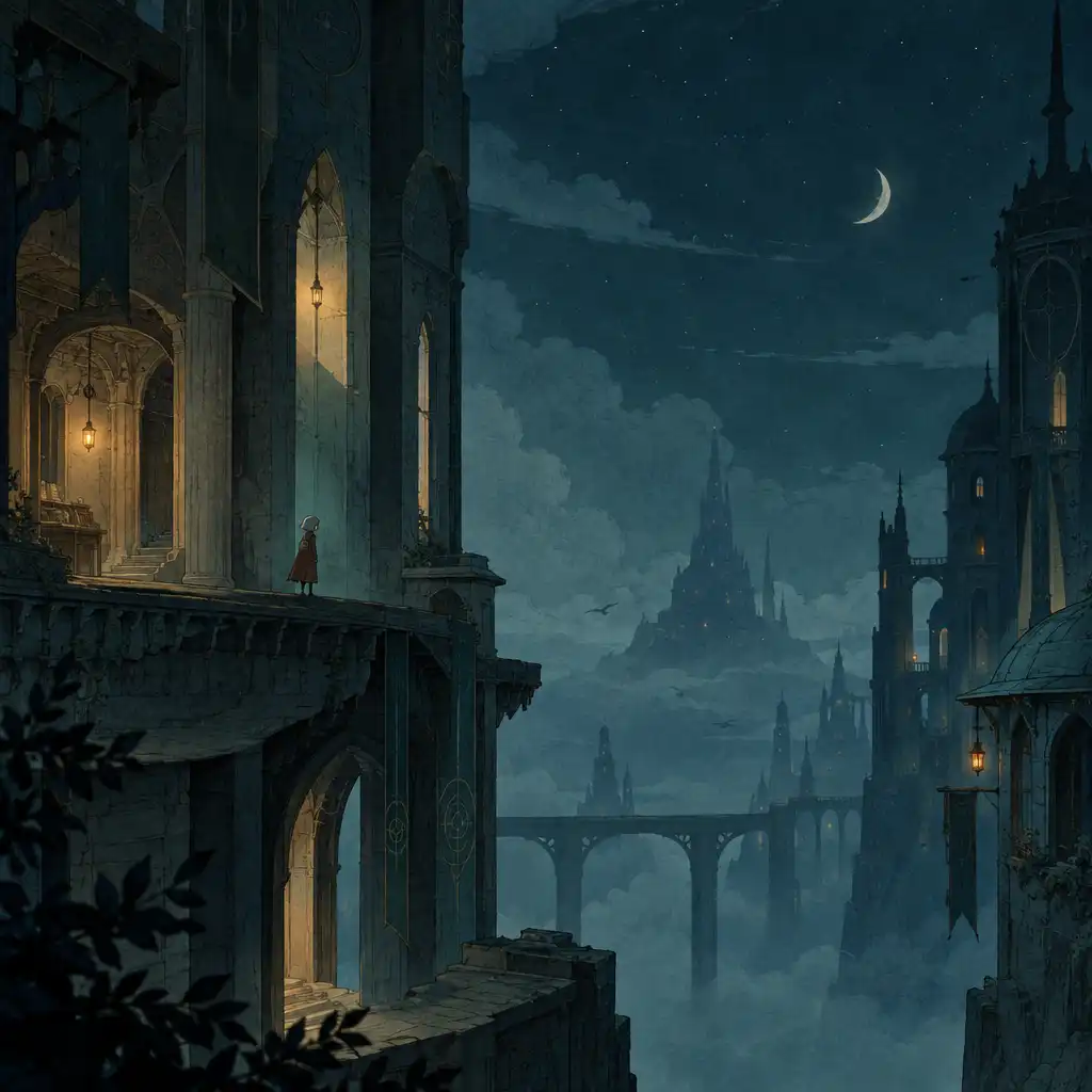Kézzel animált ősi torony-architektúra visszafogott fényekkel a LUNA The Shadow Dust játékból.