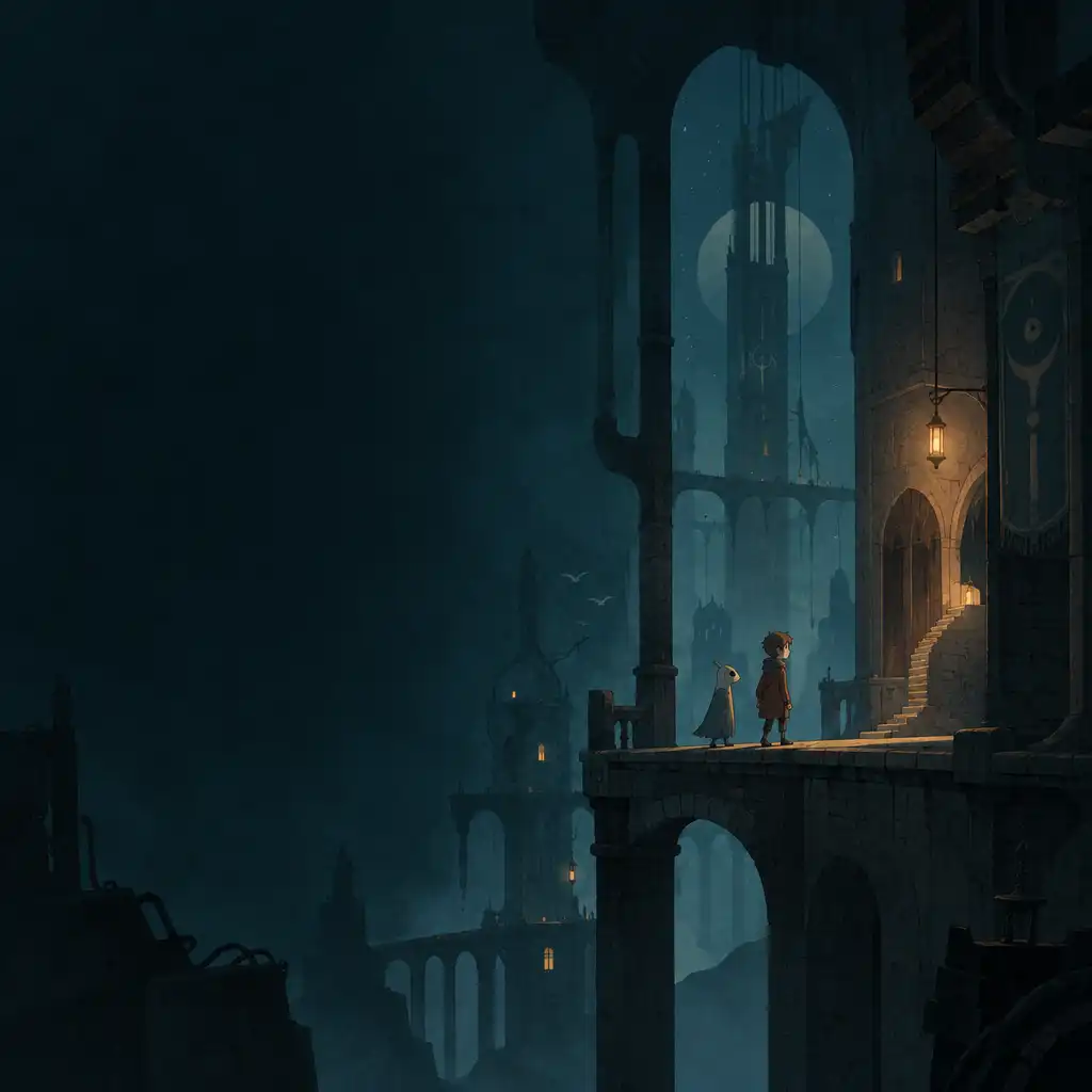 A LUNA The Shadow Dust fiú szereplője és társa egy ősi torony kékeszöld, éjszakai környezetében.